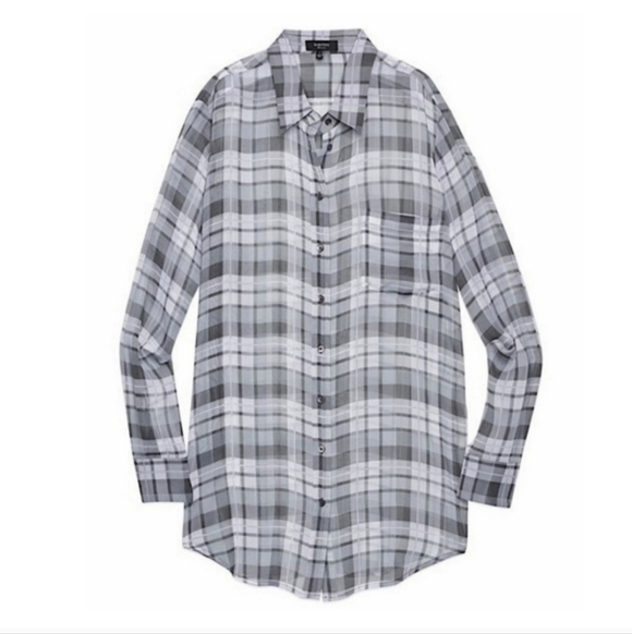 Aritzia Babaton Darien Gray Plaid Print Silk Button Front Long Sleeve Blouse Top - Picture 2 of 9
